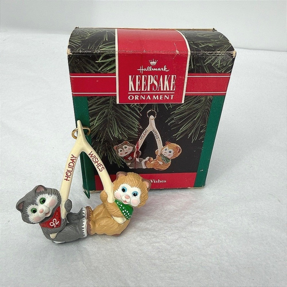 Hallmark Holiday Wishes Ornament Cats Kittens Wishbone Vintage 1992 Christmas